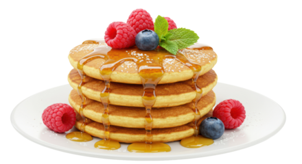 Isolated Pancakes with Berries and Syrup