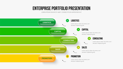 Market Plan Slide Template Vector Illustration. Modern Strategy Five Element Diagram Slideshow Layout. Professional Campaign 5 Step Infographic Presentation Design.