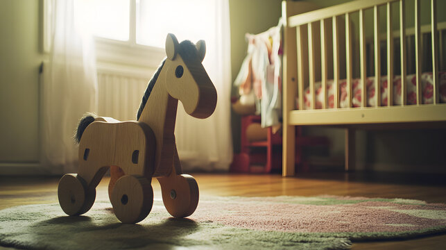 un caballo de madera infantil en un cuarto o habitacion minimalista ordenada para ni&ntilde;os con juguetes 