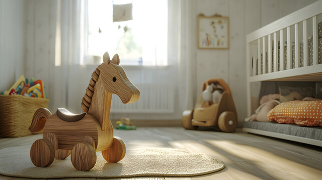 un fondo de una habitacion con juguetes de madera ordenado decorada minimalista para ni&ntilde;os cuarto infantil con un caballo de madera infantil para jugar y divertirse