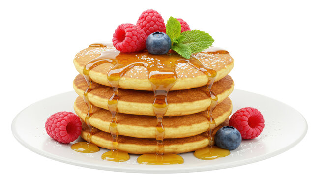 Isolated Pancakes with Berries and Syrup
