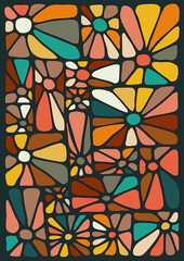 Abstract floral seamless stained glass-style pattern with vibrant geometric colors