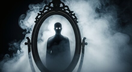 Mirror with Mirror Dark Figure Appears in Haunted SmokeFilled Frame.