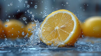 This vibrant image captures a fresh lemon slice splashing into water, showcasing its juicy texture and lively nature, perfect for food and beverage themes.