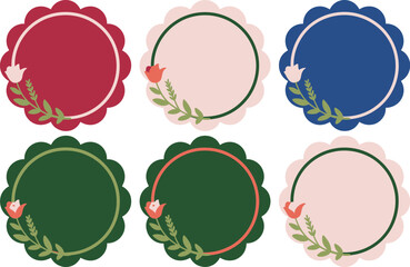 Floral ribbon frame icon set. Scalloped circular borders with leafy decor and pastel inner space for gift tags  