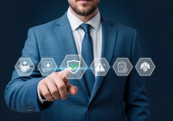 Businessman selects digital shield signifying online security risk management and data protection solutions for corporate clients.