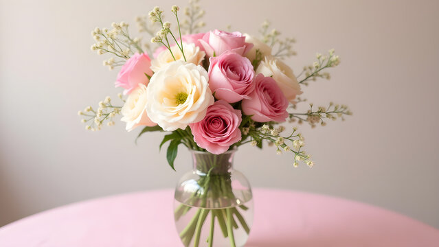 Delicate pink and white flower bouquet on a table adorned with a soft pink tablecloth