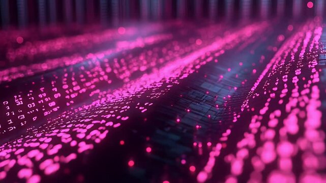 Abstract glowing pink binary matrix and data stream with bokeh, coding concept