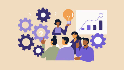 Diverse team brainstorming solutions generating ideas and analyzing data for business growth and problem solving vector illustration