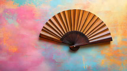 un fondo pintado en acuarela colorido con espacio de copia con un abanico de madera elegante estilo y diseño de lujo vintage plegable artistico