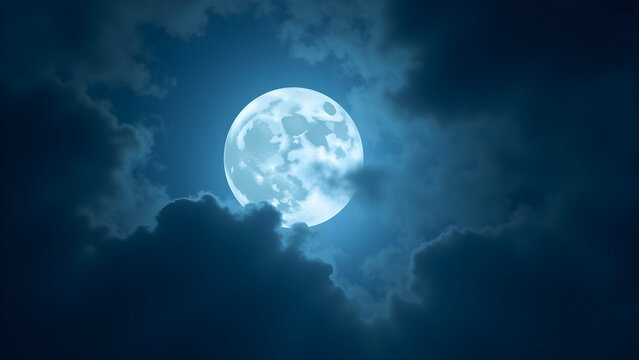 Bright full moon illuminating swirling dark cloud at night in moody atmospheric sky