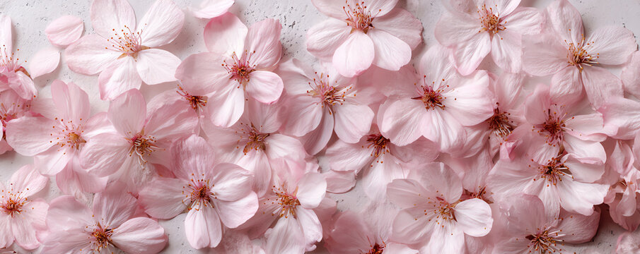 Delicate cherry blossoms scattered on light surface create serene and beautiful scene
