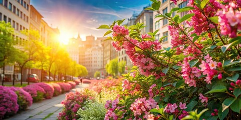 Double exposure captures summer's beauty: Weigela's stunning flowers meet urban energy.