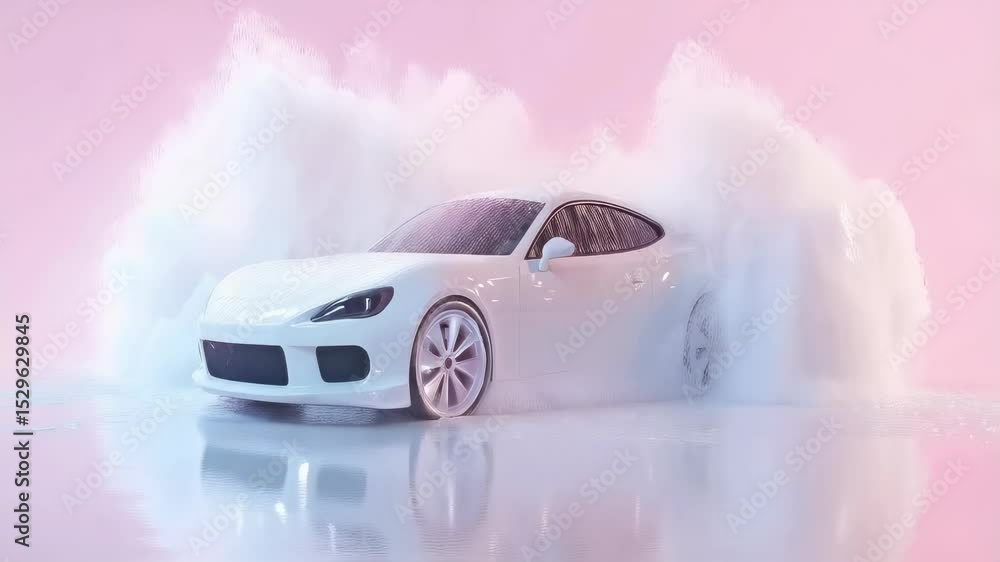 Poster 3d car in motion surrounded by abstract cloud like pattern