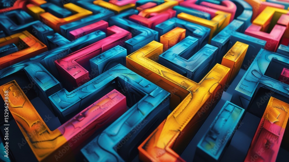 Aufkleber a vibrant display of colorful letterpress blocks arranged in a complex maze pattern, showcasing an a