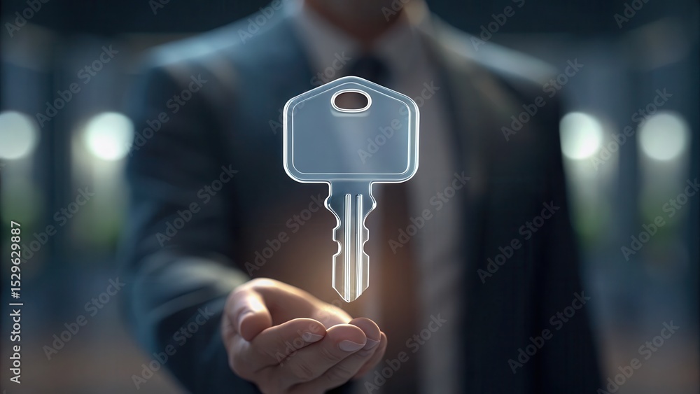 Poster a businessman in a suit presents a floating digital key symbolizing security, access, or technology 
