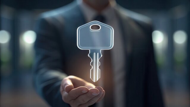 A businessman in a suit presents a floating digital key symbolizing security, access, or technology in a blurred office background.