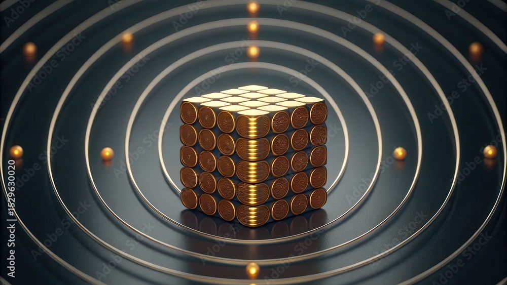 Poster A 3D cube made of metallic cylinders is centered within concentric circular rings, evoking a futuristic and technological atomic structure concept.