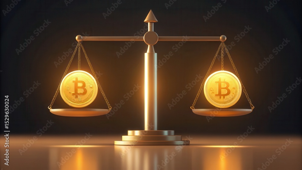 Poster a golden scale balancing two bitcoin coins, symbolizing cryptocurrency value and financial equilibri