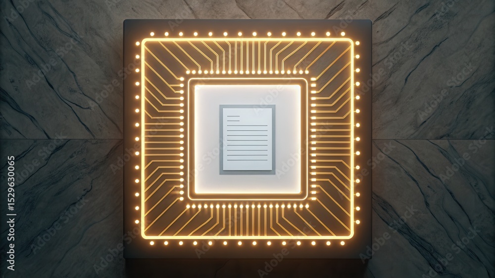 Poster A glowing microchip with a document icon at its center, representing digital data processing and technology.