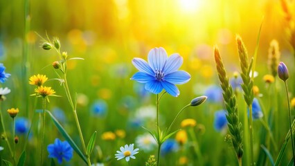 Fototapeta premium Delicate blue flower blooms in a lush green meadow surrounded by vibrant wildflowers and tall grasses