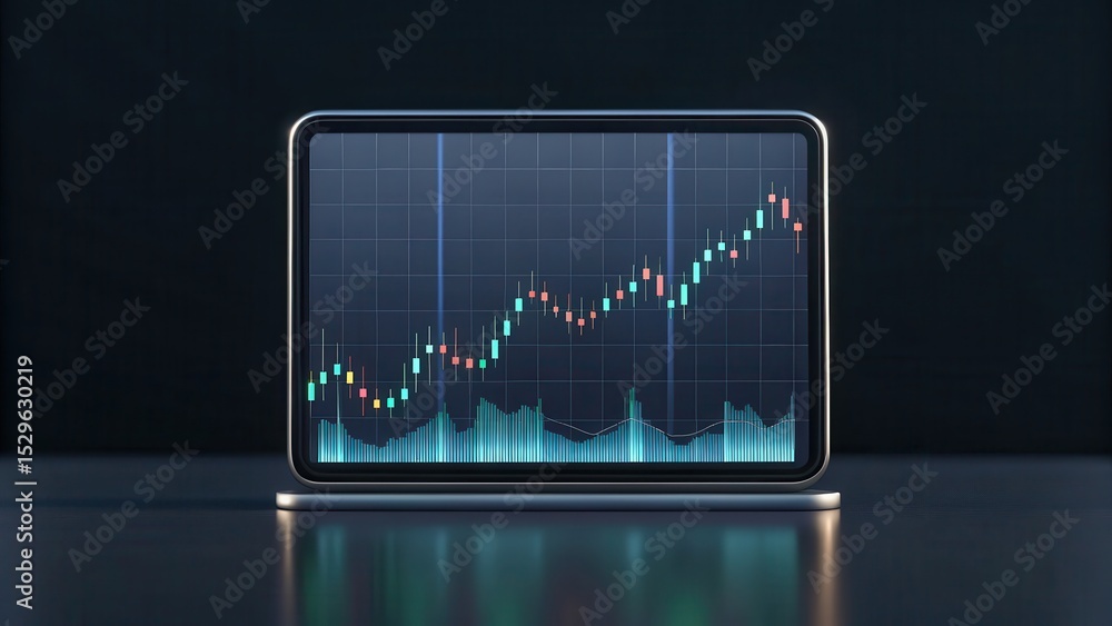 Poster A digital device displays a financial candlestick chart with volume bars, showing stock market trends and data analysis.