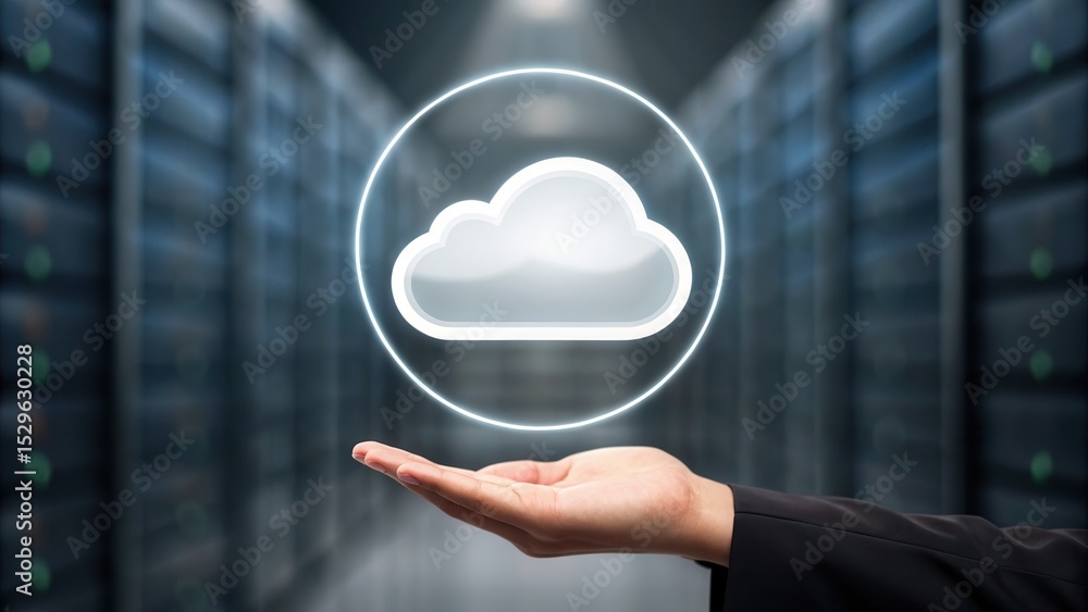Poster a hand presenting a glowing cloud icon, symbolizing cloud computing, with a blurred data center back