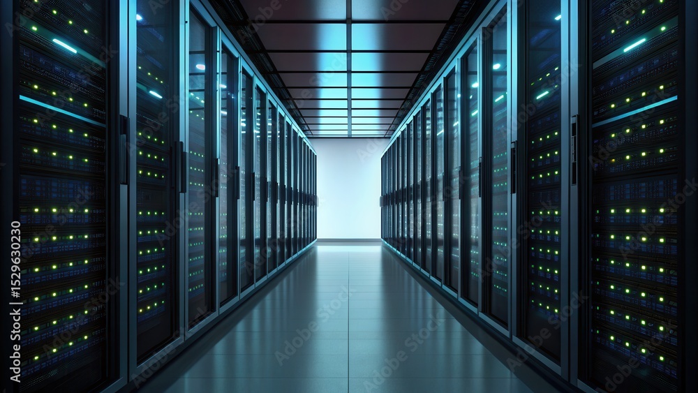 Aufkleber A modern server room corridor with rows of illuminated data racks in a high-tech, secure environment.