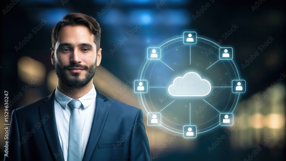Poster A confident businessman stands next to a digital cloud network infographic symbolizing cloud computing and data connectivity.