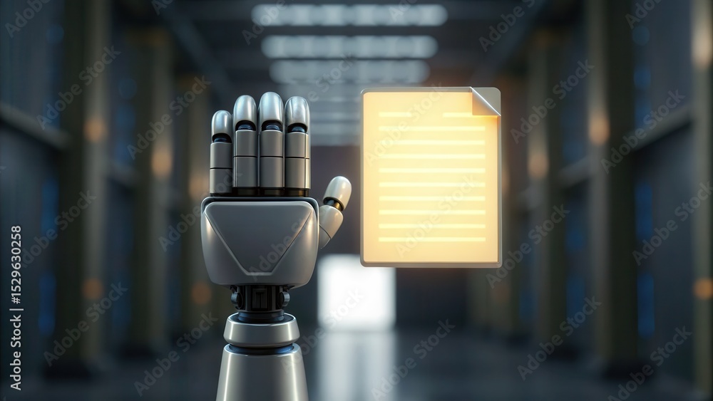 Poster A robotic hand reaches out toward a glowing digital document, symbolizing interaction between AI and digital information.