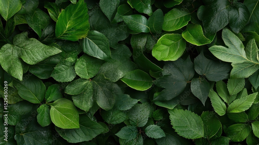 Poster a captivating array of various green leaves layered together, showcasing textures and shades, highli