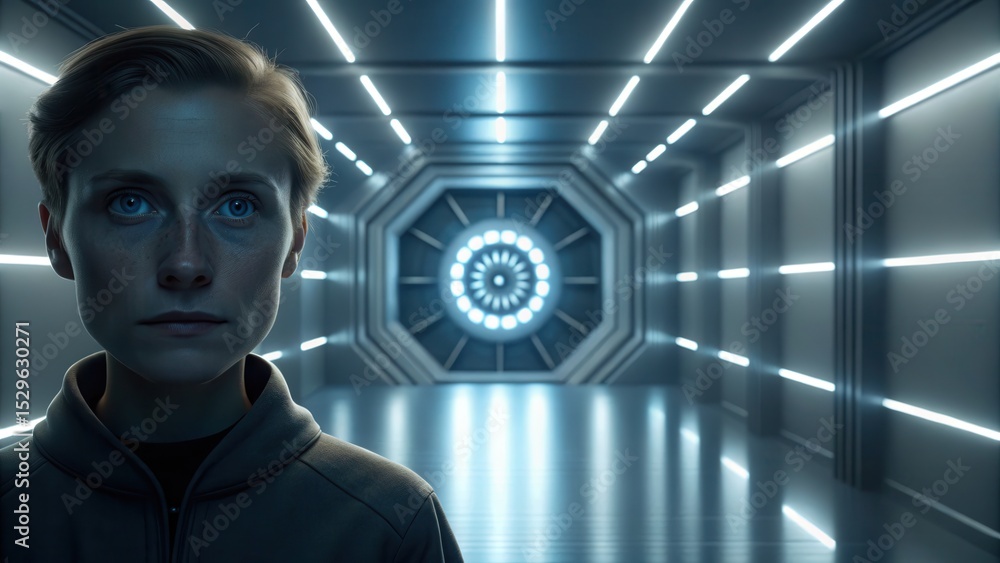 Poster a person with intense blue eyes stands in a futuristic, illuminated corridor with metallic walls and
