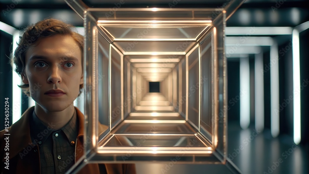 Poster A man with a contemplative expression stands in a futuristic, illuminated tunnel with geometric light patterns creating a sense of depth and mystery.