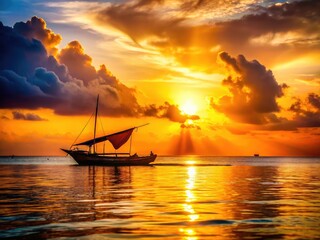 Double exposure captures Zanzibar's magic: a dhow glides into a fiery, African sunset.