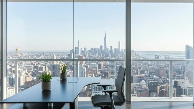 The room includes a clean, modern desk paired with an ergonomic chair, adorned with two small potted plants that add a touch of greenery. 