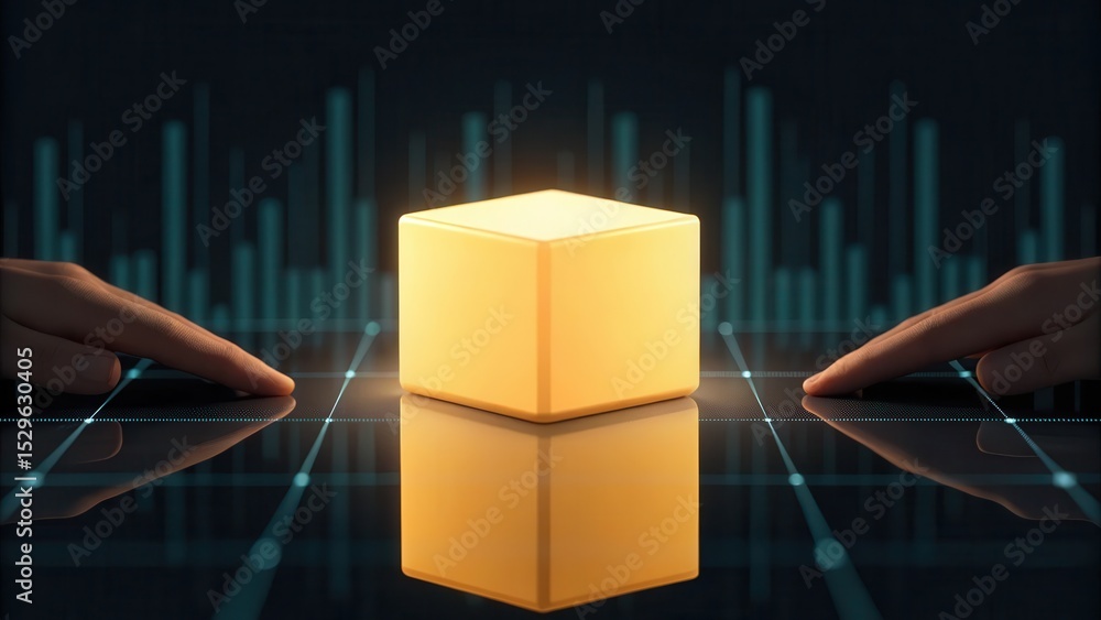 Poster A glowing cube sits on a futuristic digital surface with two hands reaching towards it, surrounded by abstract data visualizations.