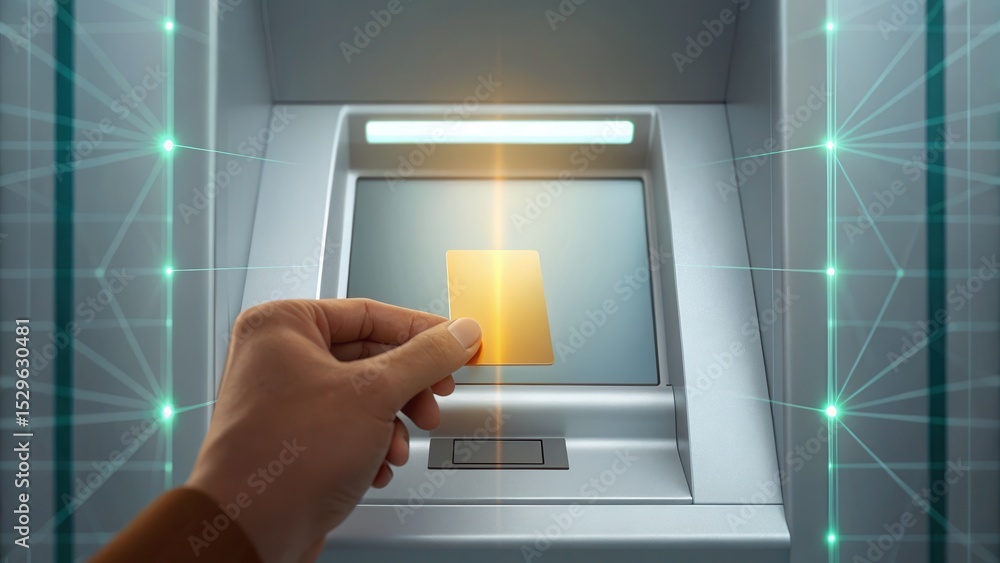 Aufkleber A hand holds a card in front of an ATM machine with digital network graphics, symbolizing secure electronic banking or card authentication.