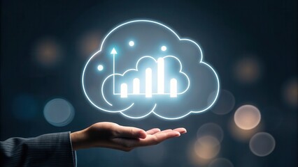 A hand holding a glowing cloud icon with a bar chart and arrow, symbolizing cloud computing and data analytics.