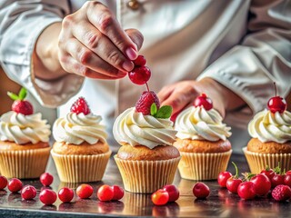 Double exposure:  Cream cheese frosting, red berries, and a chef's hands decorating cupcakes.
