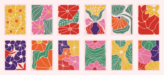 Botanical doodle background art vector set. Flower and leaves autumn doodle art design for t-shirt, print, wallpaper, clipart, wall art for home decoration.