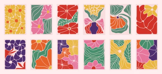 Fotobehang Botanical doodle background art vector set. Flower and leaves autumn doodle art design for t-shirt, print, wallpaper, clipart, wall art for home decoration. © TWINS DESIGN STUDIO
