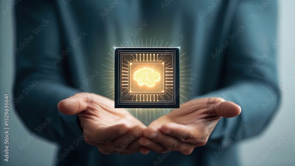 Poster A person in a suit holds a glowing microchip with a digital brain icon, symbolizing artificial intelligence and advanced technology innovation.