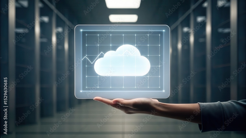 Aufkleber A hand presents a holographic cloud icon with data graphs in a futuristic server room, symbolizing cloud computing and data management technology.