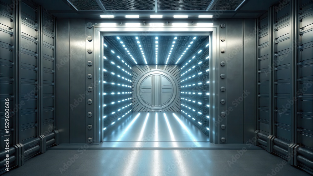 Poster A futuristic metallic room with an illuminated, tunnel-like doorway featuring endless LED light patterns and a circular design at the center.
