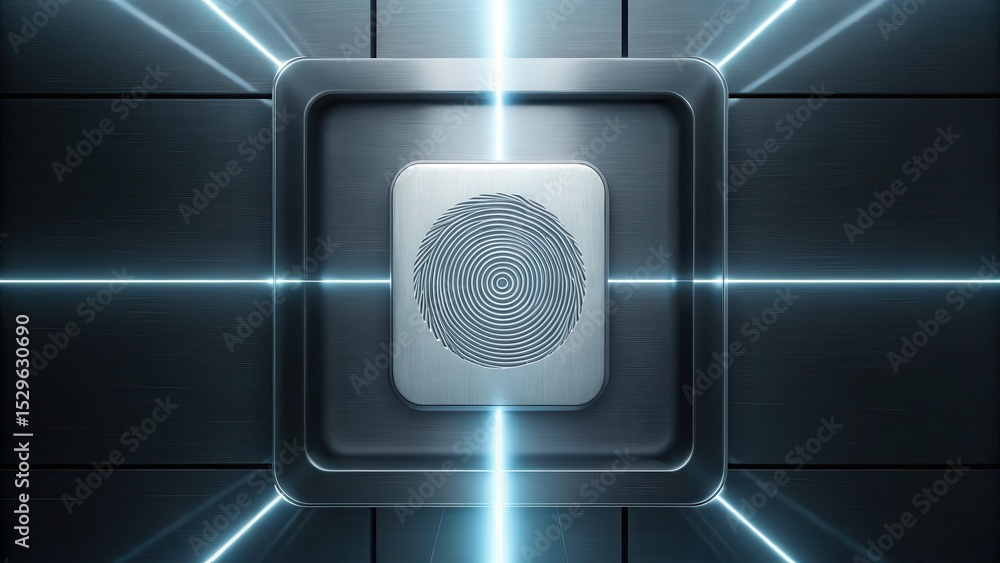 Poster futuristic biometric fingerprint scanner with glowing blue light lines on a metallic surface, highli