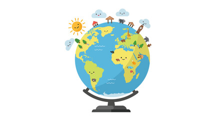 Cheerful Cartoon Globe with Animals and Landmarks