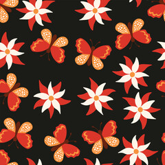 Seamless blooming floral pattern based on hand drawn art ornaments. Colorful flowers, leaves, plants on color background. Vector illustration. Simple minimalistic pattern for fabric, textile.