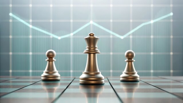 A chess king piece stands prominently in front of two pawns on a chessboard, set against a backdrop of a rising line graph symbolizing strategy and growth.