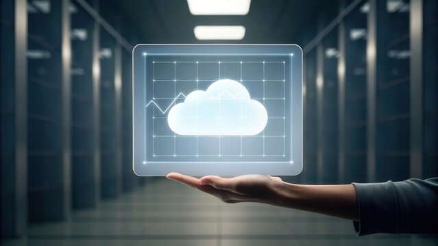 A hand presents a holographic cloud icon with data graphs in a futuristic server room, symbolizing cloud computing and data management technology.