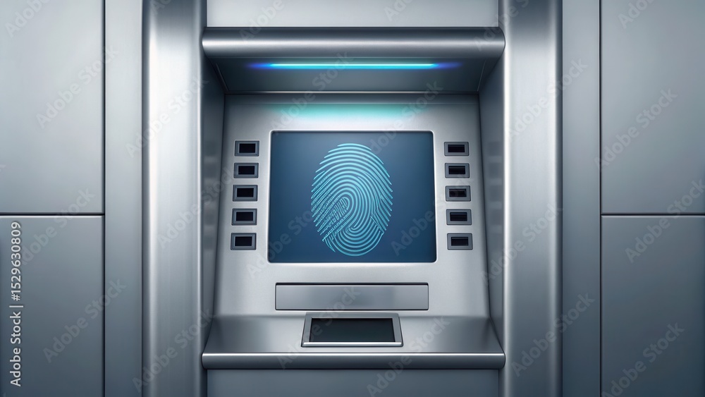 Aufkleber A futuristic ATM machine displaying a large fingerprint scanner for biometric authentication, emphasizing security and advanced technology.